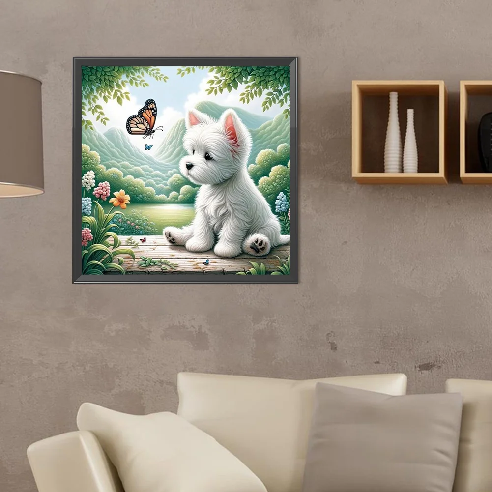 Diamond Painting - Full Round Drill - Dog Playing Butterfly(Canvas|40*40cm)