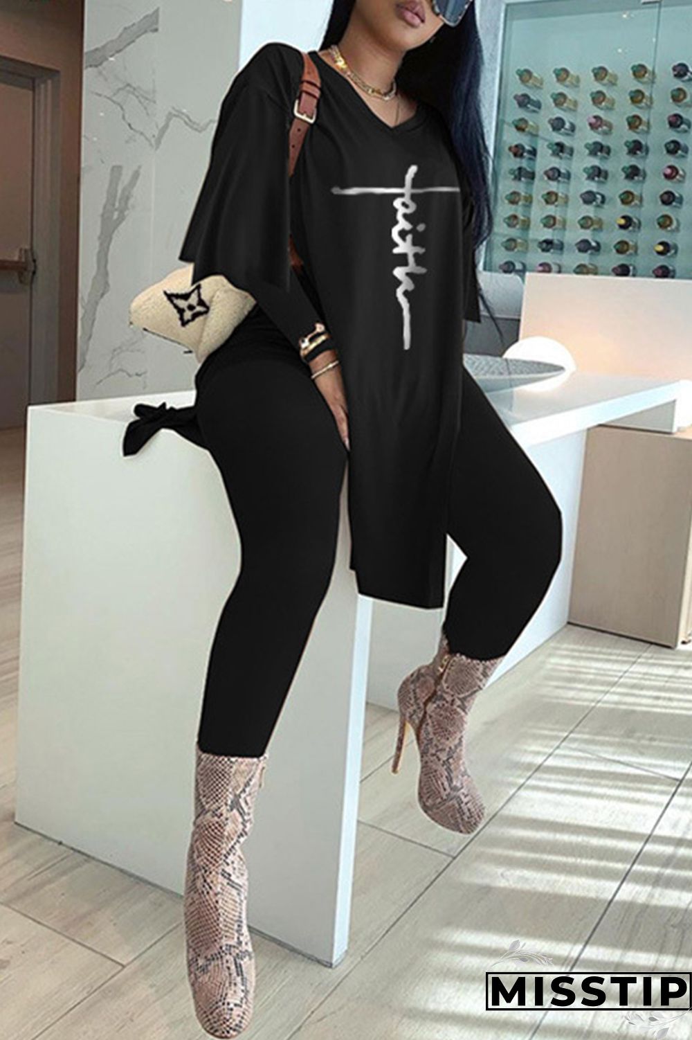 Black Fashion Casual Embroidery Slit V Neck Long Sleeve Two Pieces
