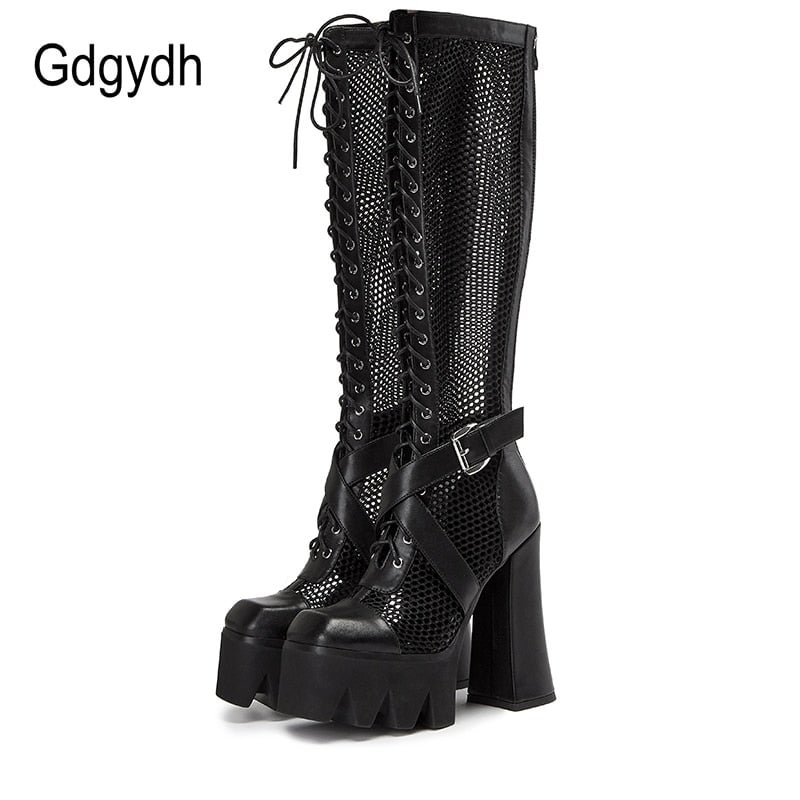 Gdgydh Summer Platform Boots Gothic Knee High Chunky Heel Fashion Buckle Street Style Black Genuine Leather Women Shoes Party