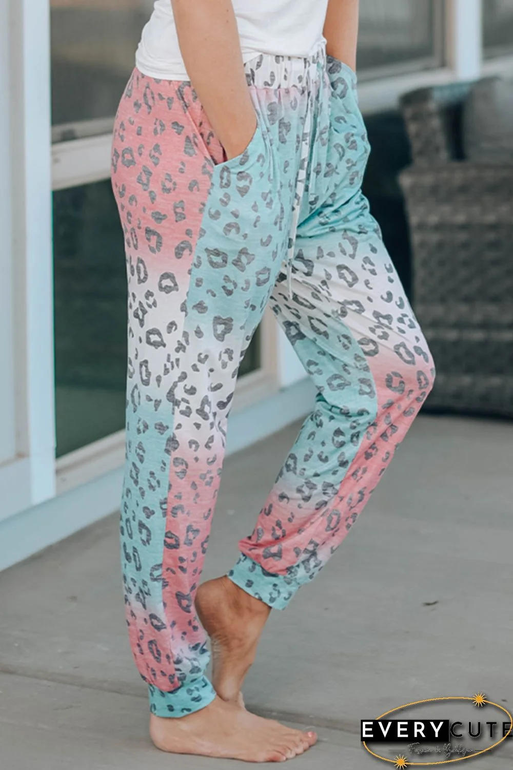 Leopard Gradient Color Drawstring High Waist Pants