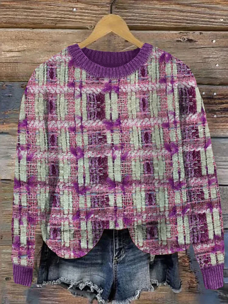 Elegant Purple Tweed Vintage Cozy Knit Sweater