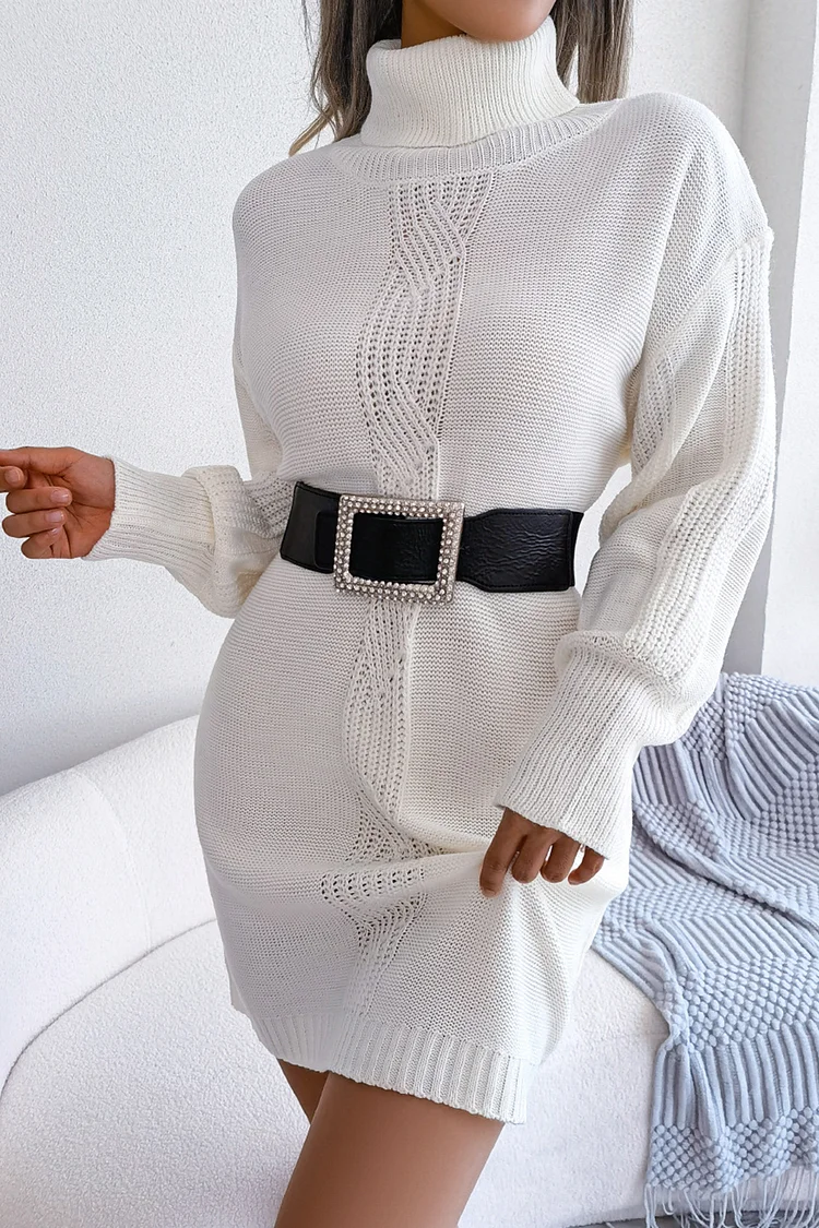 Casual Turtleneck Hemp Pattern Balloon Sleeve Base Sweater Dresses