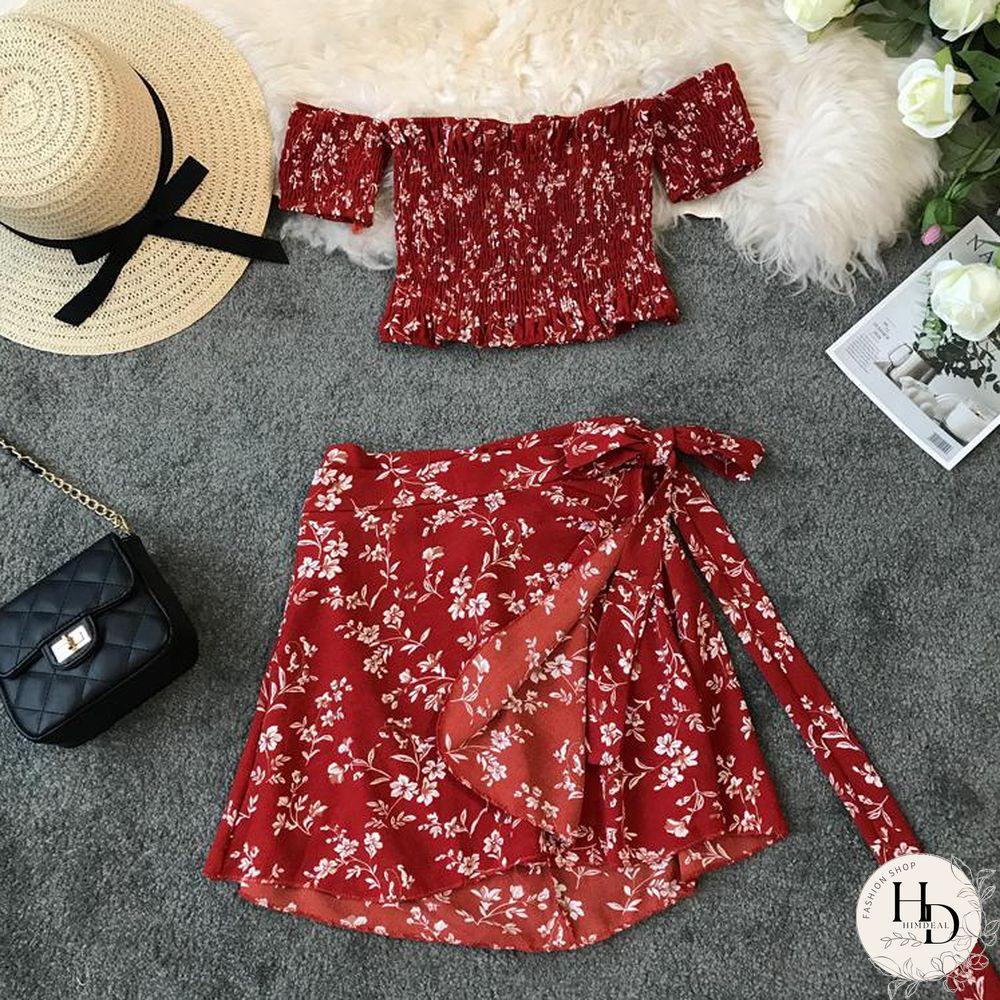 Two Piece Set Womens Sexy Summer Crop Top And Mini Skirt Off Shoulder Elastic Print Floral