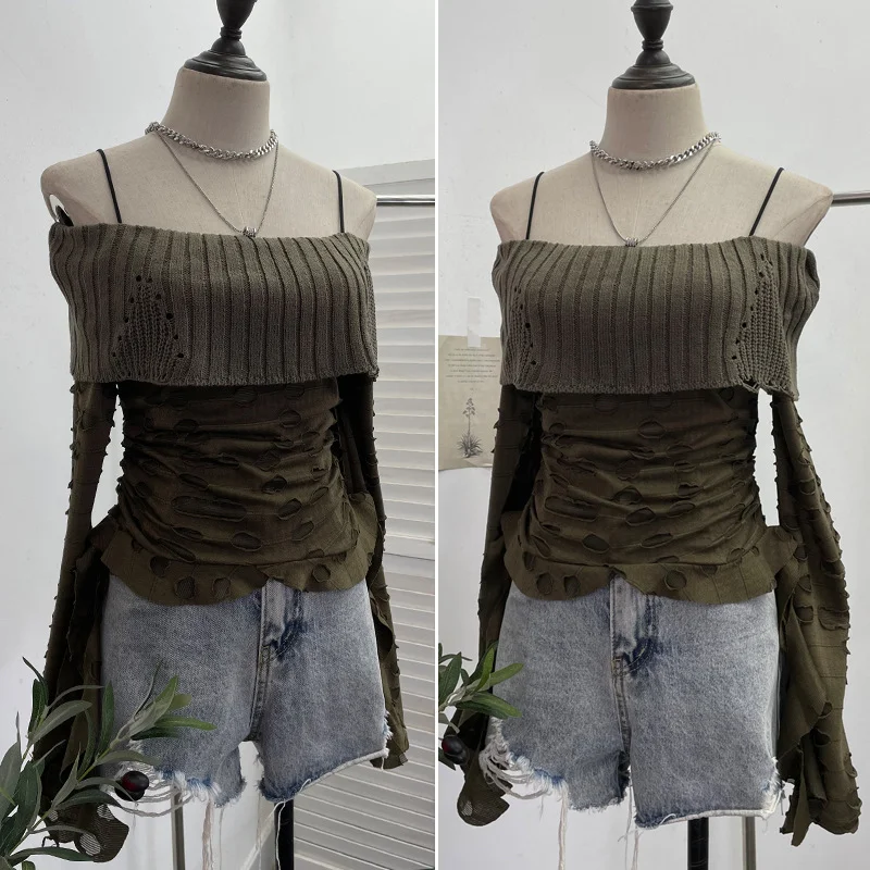 Uveng Real Shooting Of Waste Soil Wind Word Leakage Collar Collar Collar To Make Old Hole Sling Knitted Shirt With Short Sweater 1113