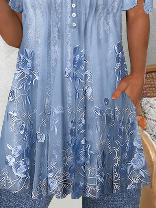 Women's Short Sleeve V-neck Graphic Lace-up Buttons Tops