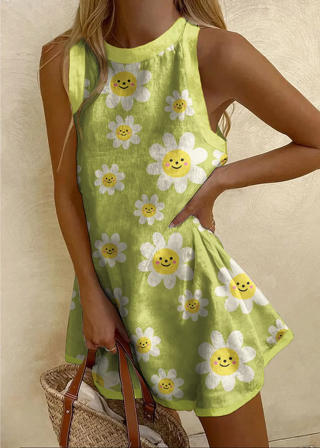 Daisy Art Element Printed Sleeveless Dress
