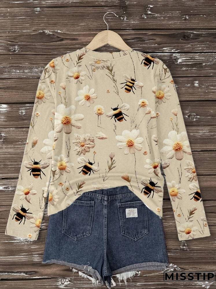 Women's Casual Bee & Flower Print T-Shirt For Autumn
