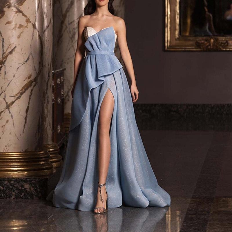 Blue luxury strapless evening dress-zachics