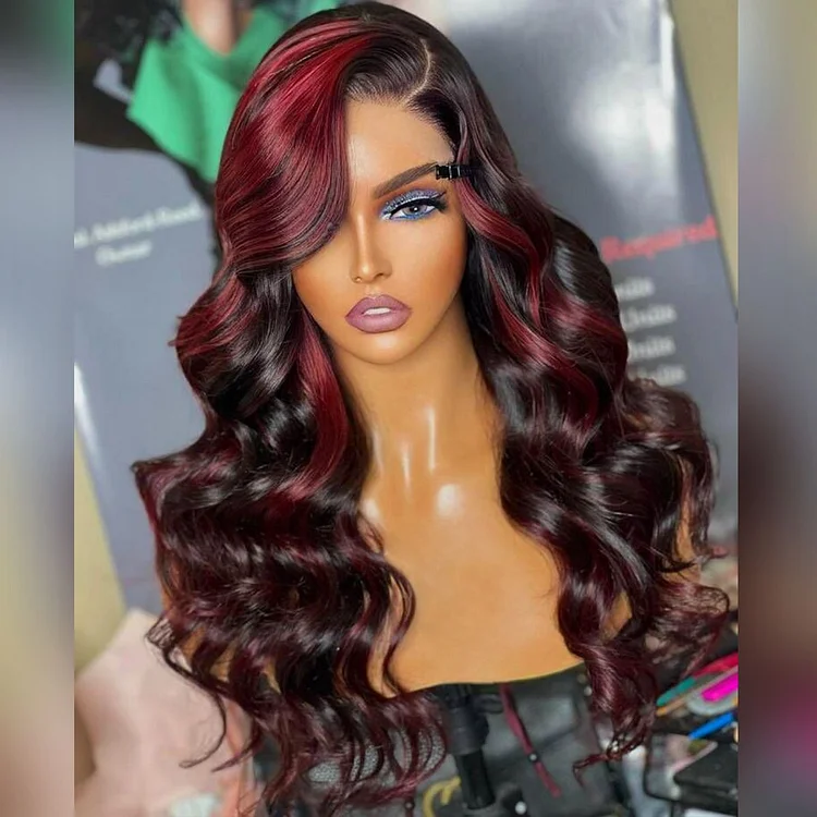 99J Burgundy Highlight Straight/ Wave 13×4 Full Frontal Lace Wig [CW1068]
