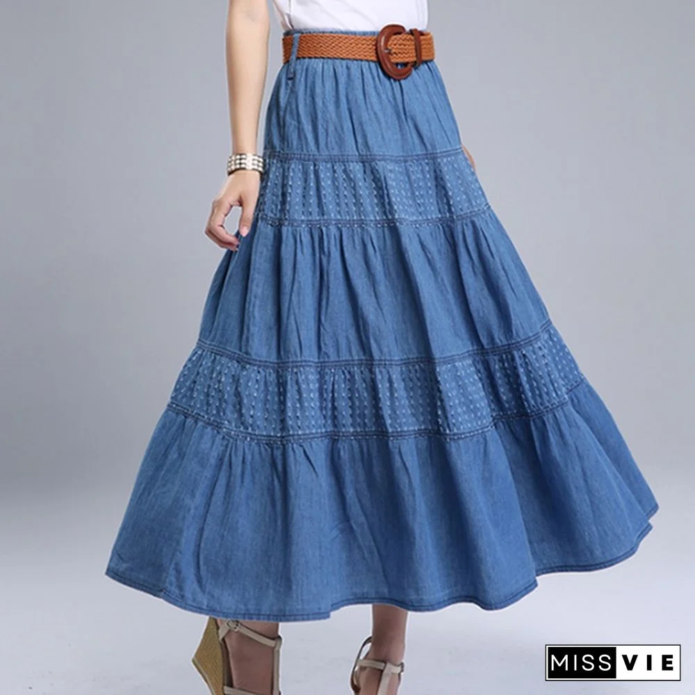 Women Summer Denim Skirts High Waist Plus Size Long Skirt Vintage Solid Color A-Line Jean Skirt With Belt Spring
