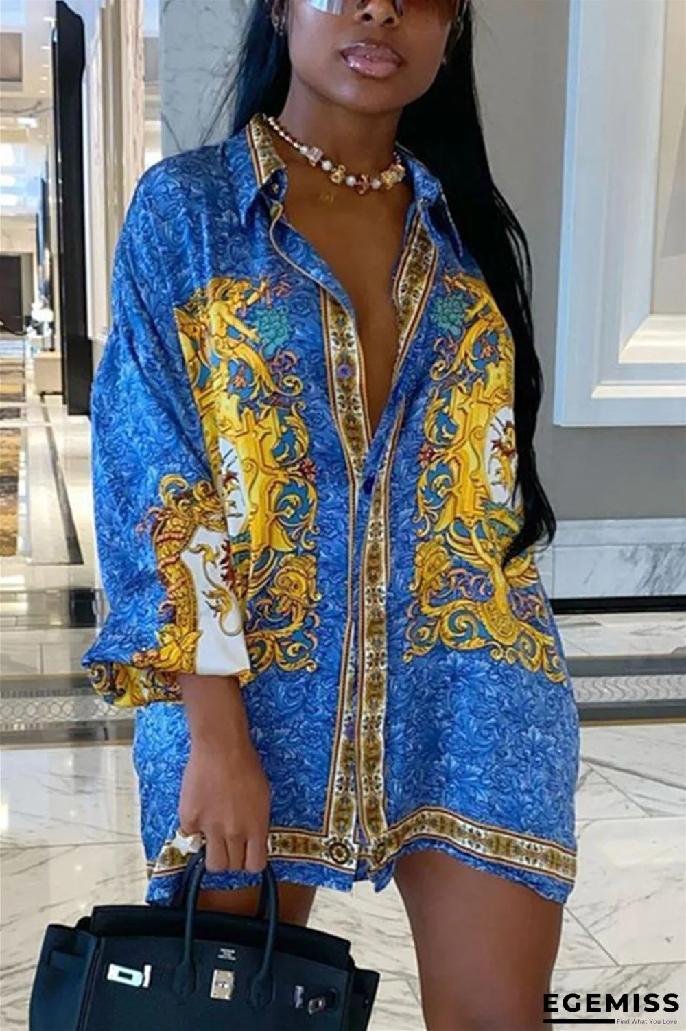 Blue Sexy Print Patchwork Turndown Collar Long Sleeve Mini A Line Dresses | EGEMISS