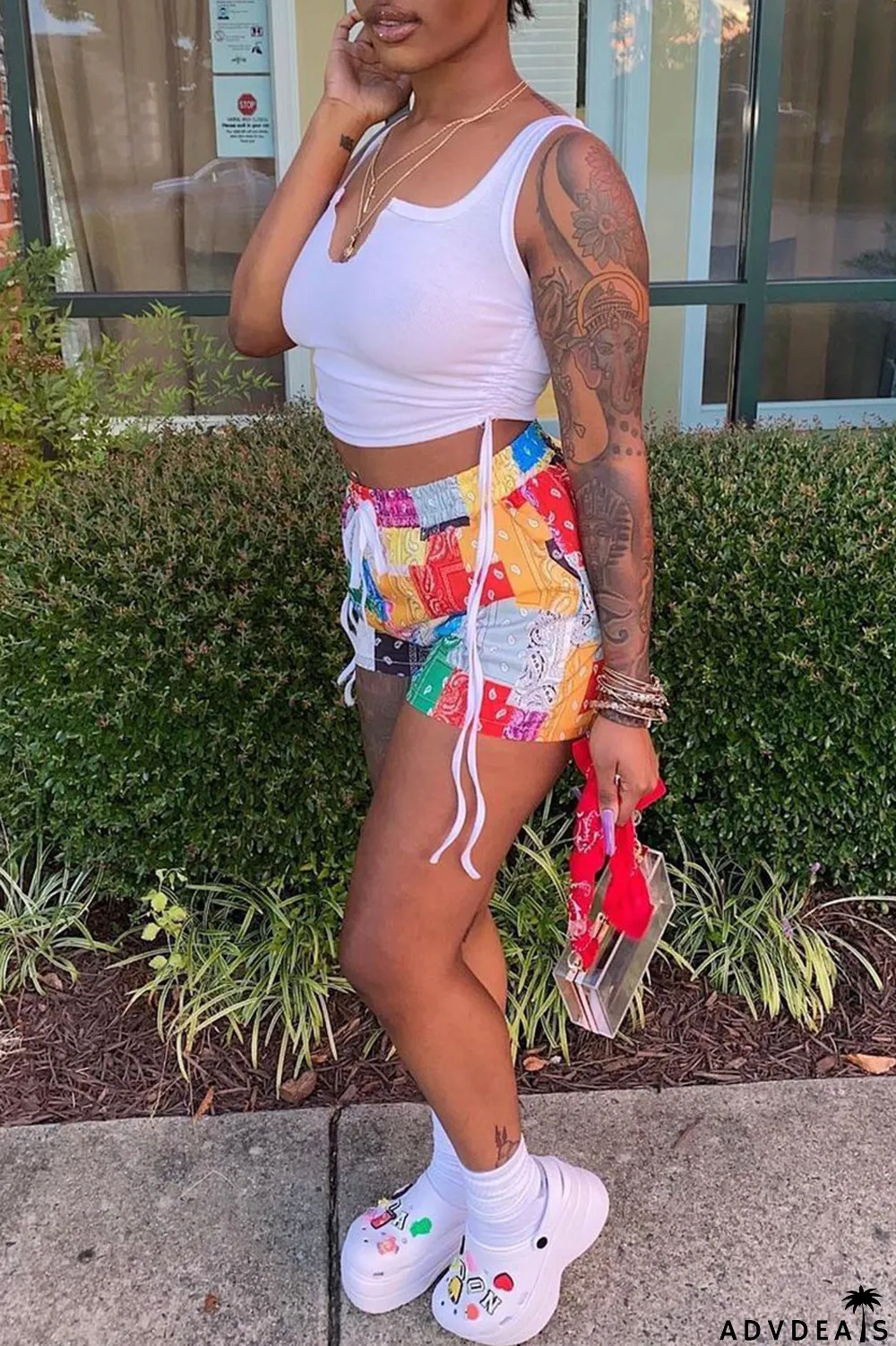 Grey Sexy Print Ripped Contrast Spaghetti Strap Sleeveless Two Pieces