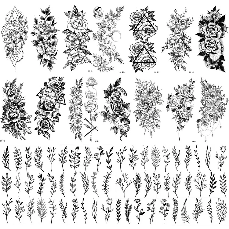 24 Sheets Black Sketch Flower Large & Small Temporary Tattoo Combo