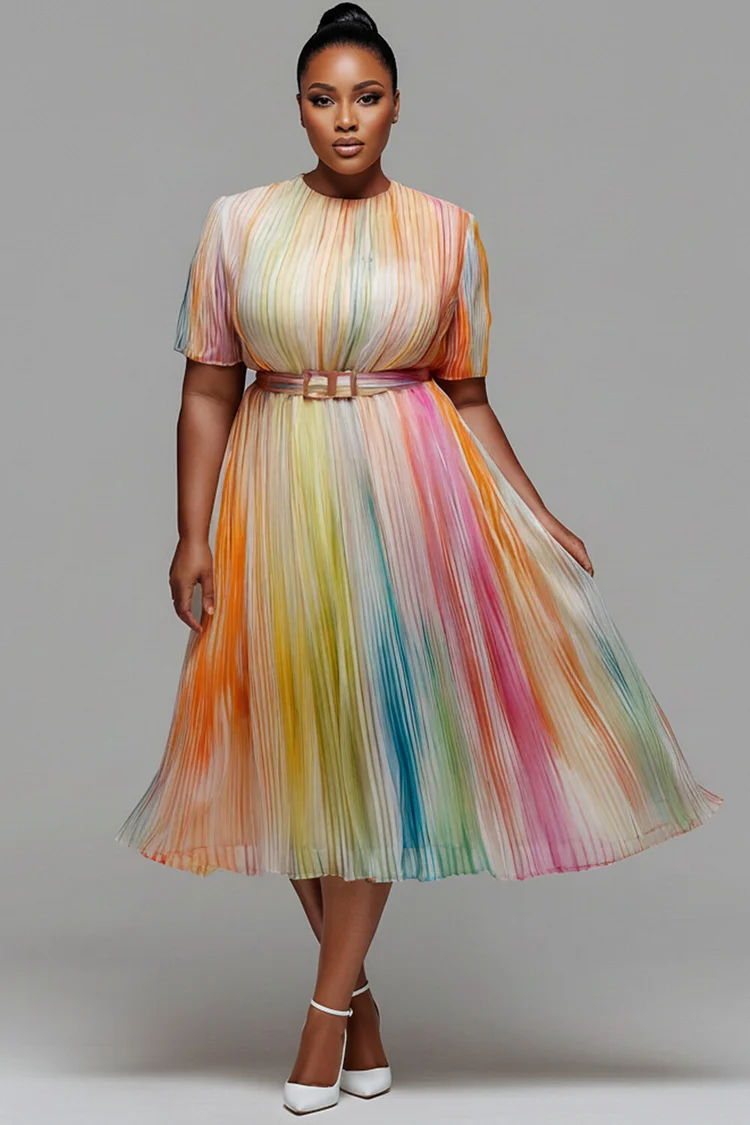 Xpluswear Design Plus Size Wedding Guest Elegant Rainbow Round Neck Short Sleeve Pocket Wrap Chiffon Midi Dresses [Pre-Order] 2024 - Xpluswear