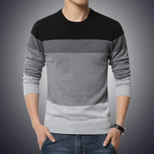 Casual Men's Sweater O-Neck Striped Slim Fit Knittwear