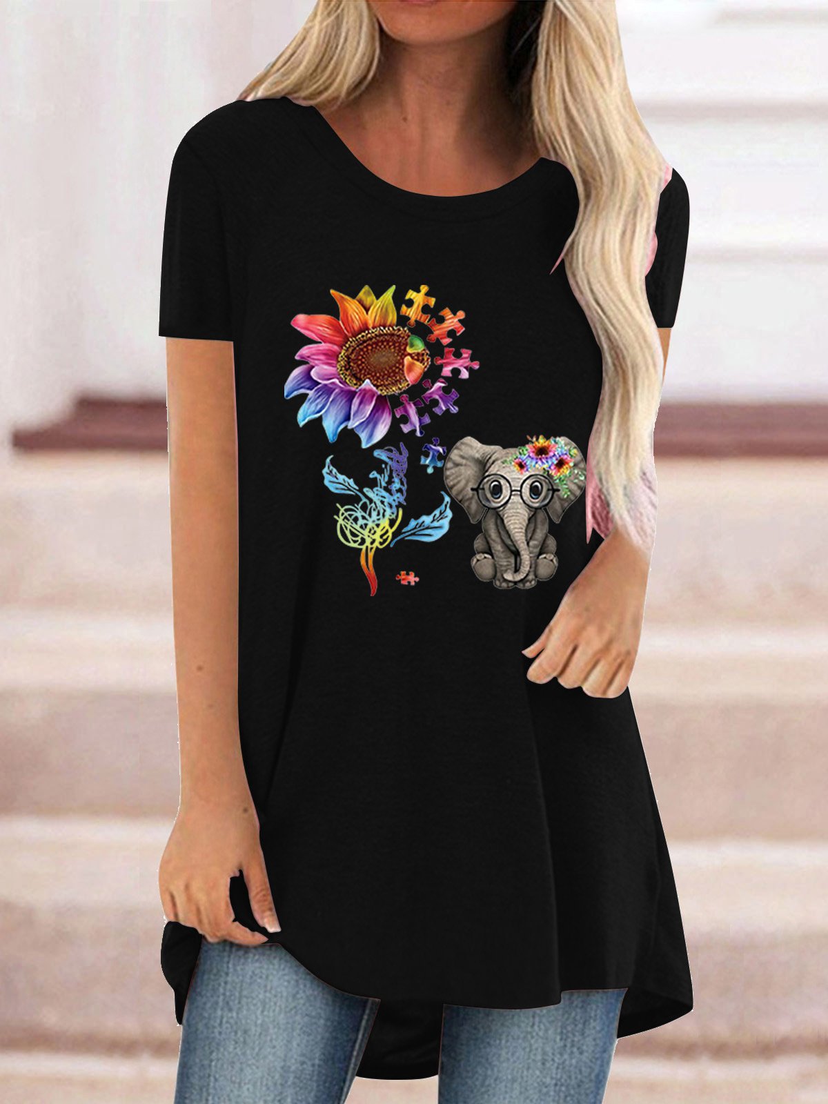 Women Casual Short Sleeve Scoop Neck Floral Printed Tops