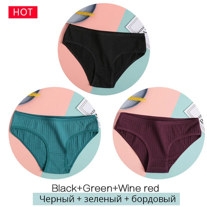 FINETOO 3PCS/Set Women's Underwear Cotton Panty Sexy Panties Female Underpants Solid Color Panty Intimates Women Lingerie M-2XL