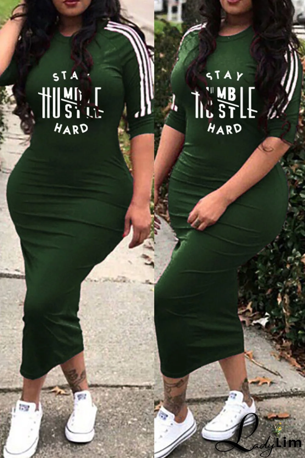 Deep Blue Fashion Casual Letter Print Split Joint O Neck Dresses