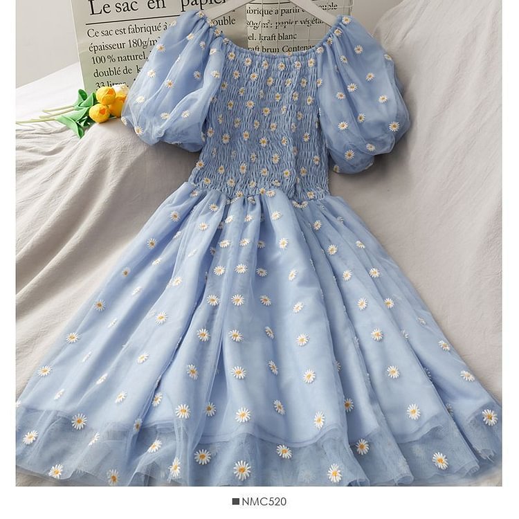 Puff-Sleeve Daisy Embroidery Smocked Mesh Dress YP770