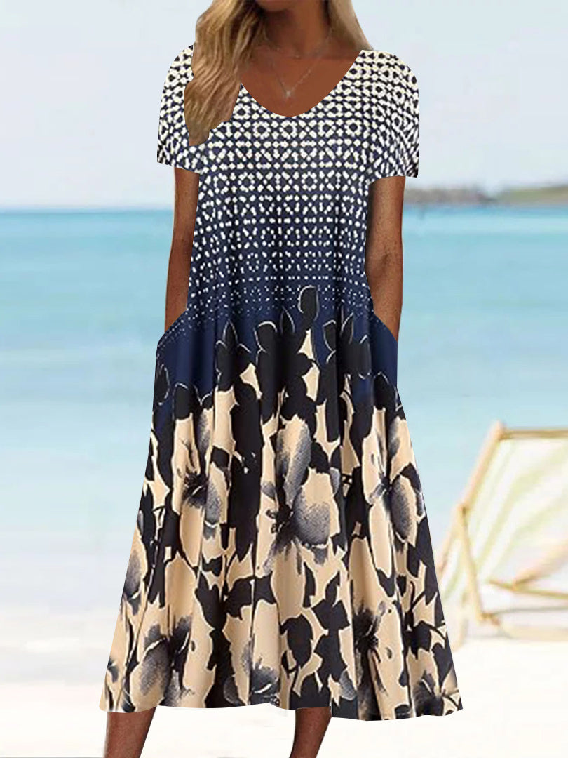 Women's Short Sleeve Scoop Neck Graphic Floral Printed Midi Dress