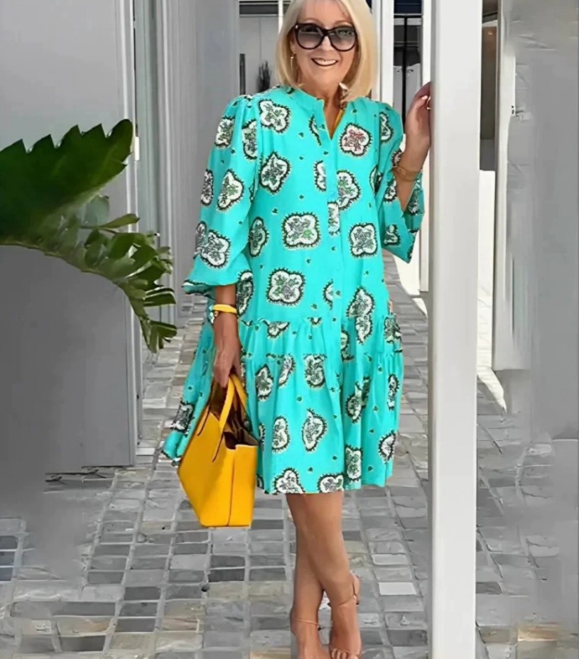Older Women's Casual Summer Printed Puff Sleeve Dress