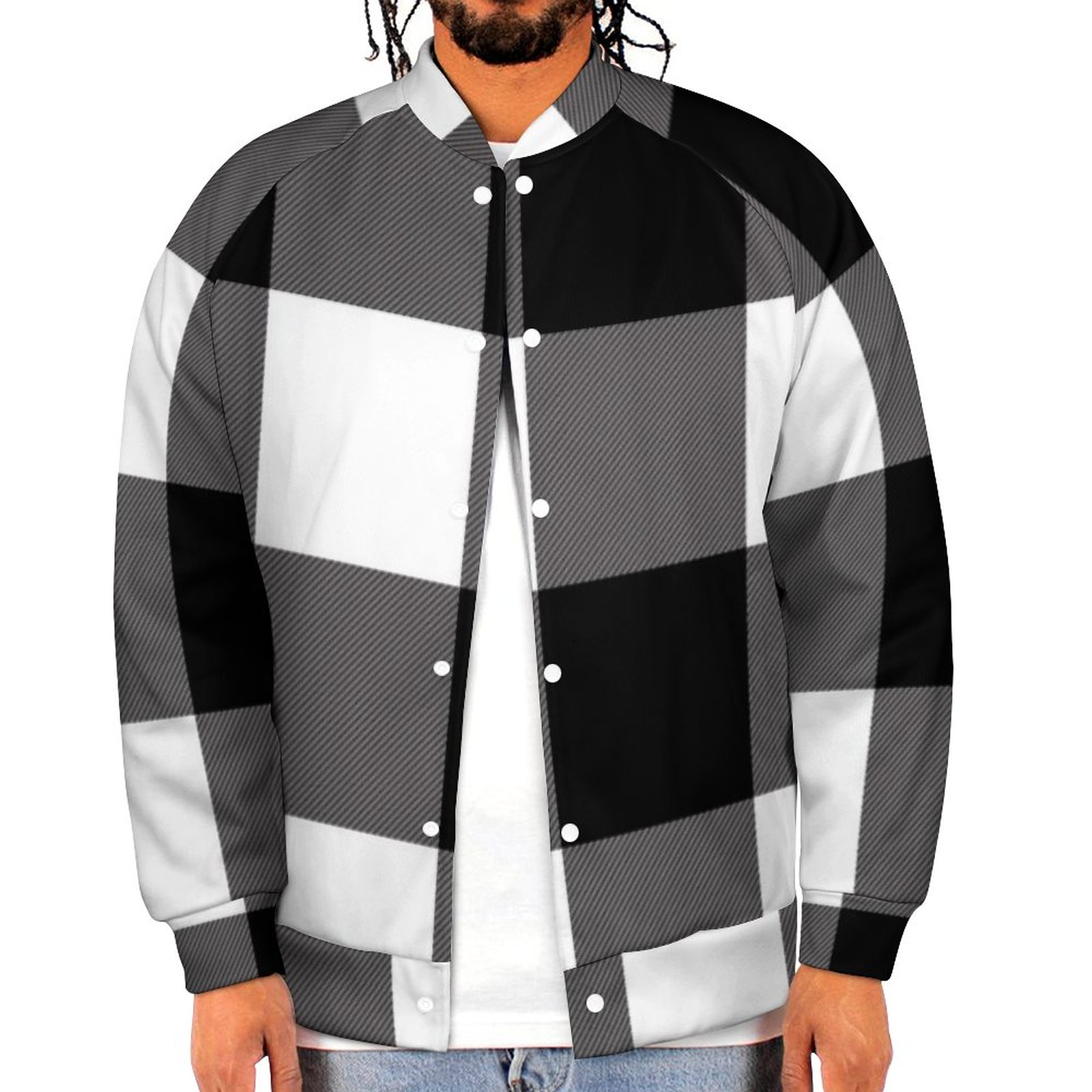 Black White Checkered Squares Buffalo Plaid Mens Baseball Jacket Guys Graphic Print Varsity Streetwear Coats