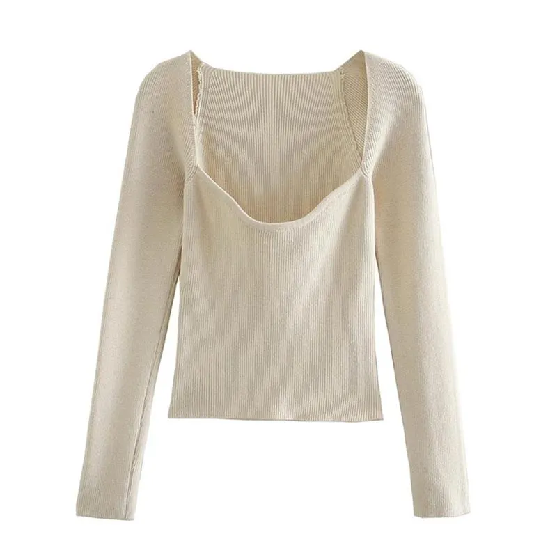 TRAF Women 2021 Fashion Stretch Slim Cropped Knitted Sweater Vintage Heart-shaped Collar Long Sleeve Female Pullovers Streetwear