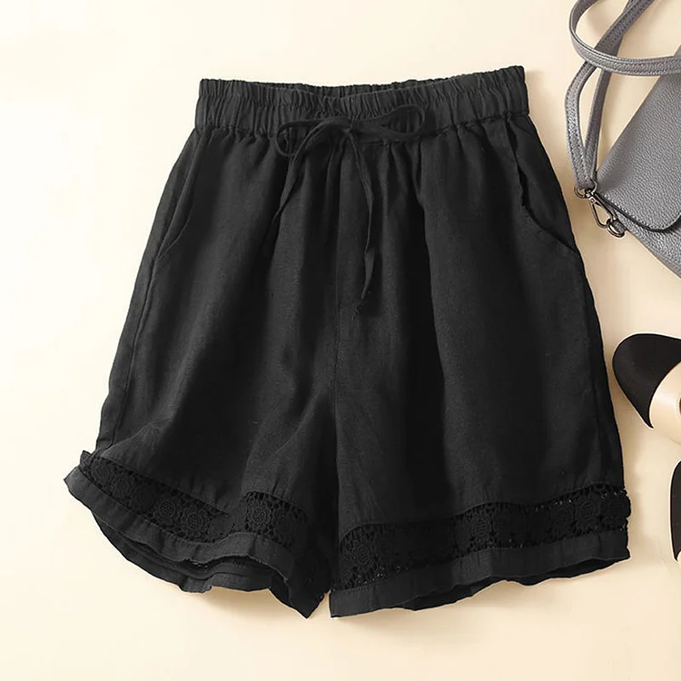 Utbros Women's Retro Solid Color Lace Elastic Waist Cotton And Linen Shorts