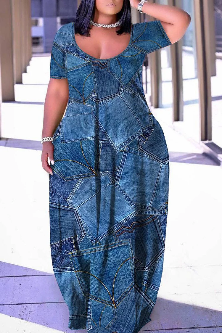 Xpluswear Plus Size Blue Daily Round Neck Print Loose Maxi Dresses