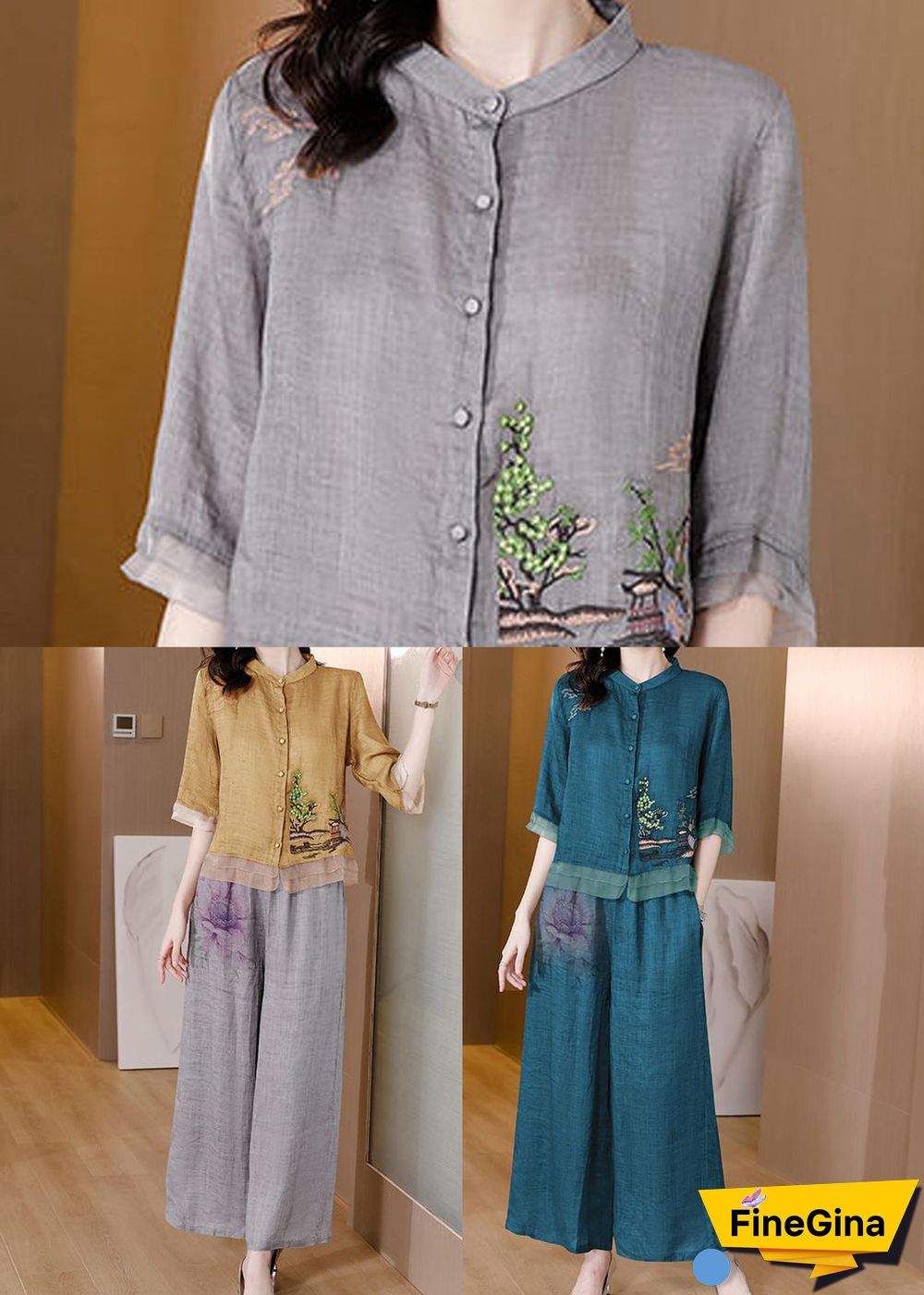 Handmade Grey Embroideried Patchwork Linen Two Pieces Set Summer