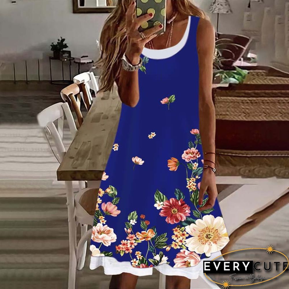 Women's Dress Summer New Fashion Women's Flowers Fake Two Pieces Printed Sleeveless Casual Soft and Comfortable Plus Size Dress S-5XL