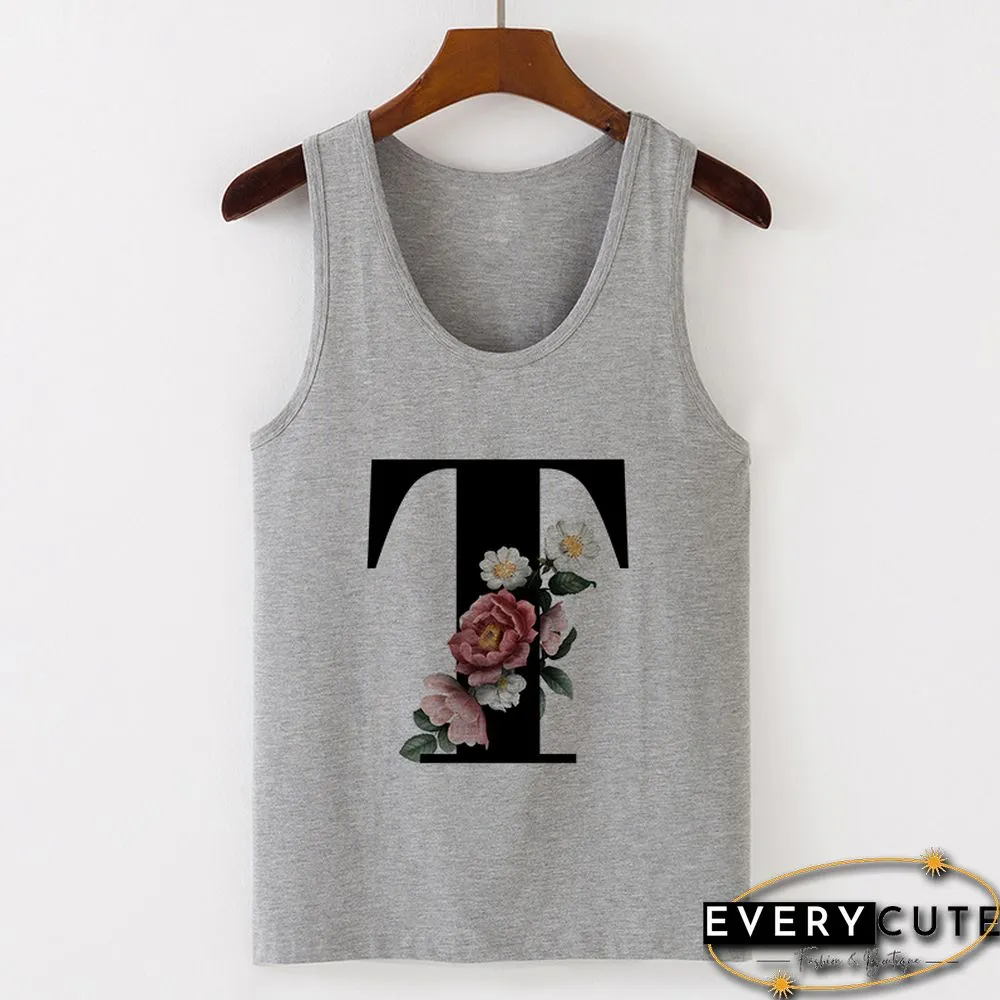 Summer Alphabet Print Camisole Sexy Tank Tops Vest Women Tee Shirt Sleeveless Gray Female