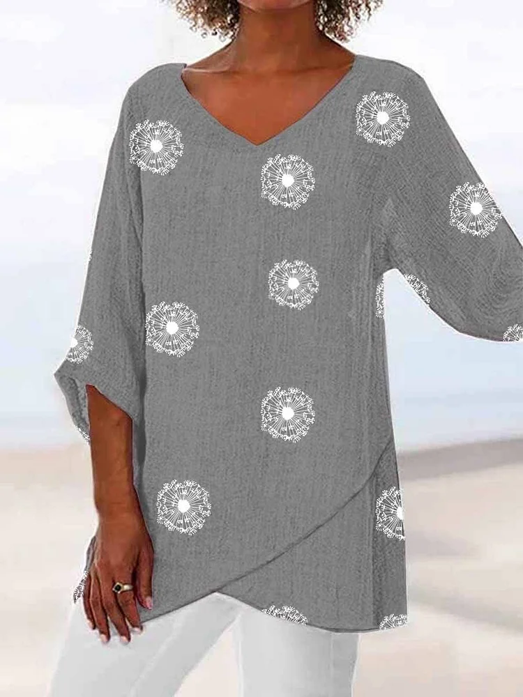 Women's Dandelion And Cat Art Printed Long Sleeve V-Neck Top