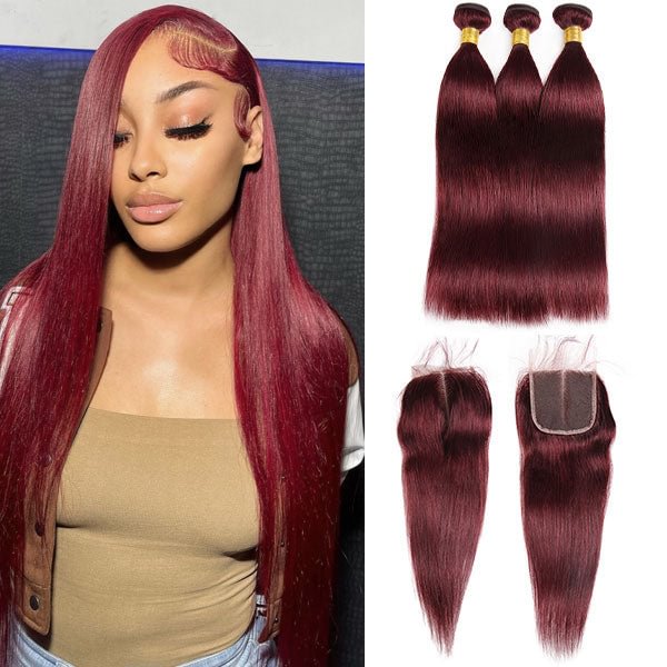 Burgundy 99j Color Straight 3 Bundles With HD Lace Closure US Mall Lifes