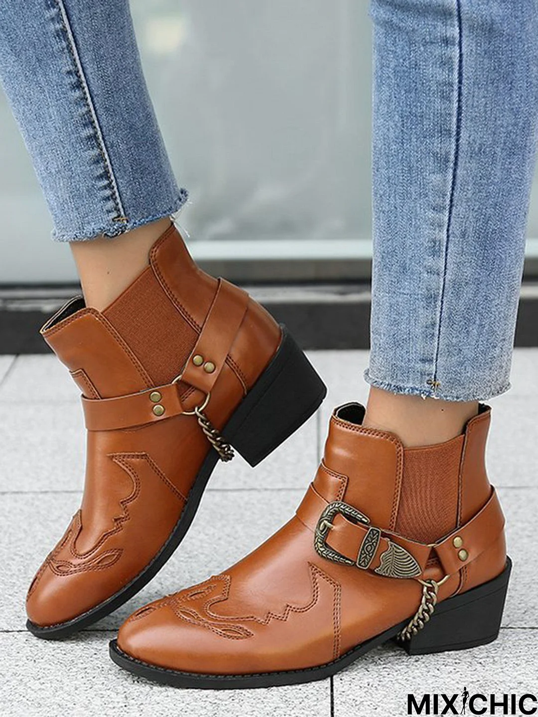 Buckle Chain Embellished Chunky Heel Booties