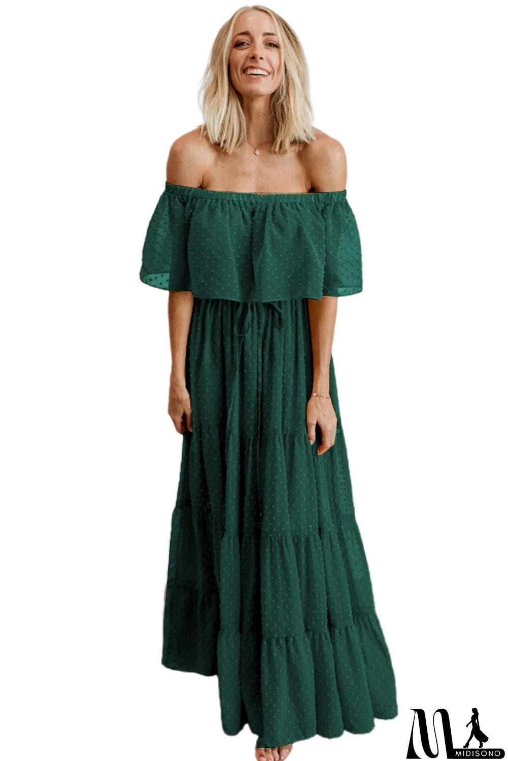 MidiSono - Rust Red Off Shoulder Ruffle Swiss Dot Maxi Dress