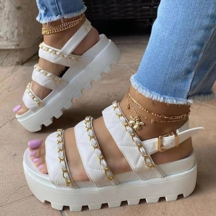 Canrulo Women's Sandals Fashion Metal Chain Casual Flat Shoes Comfortable Platform Buckle Roman Sandals Chaussure Ete Femme 2022