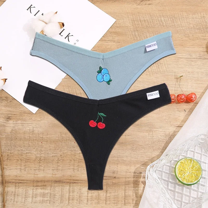 FINETOO 2/3PCS Women Lingerie Fruit Embroidery Panties G-string Sexy Low Rise Cotton Thongs Girl Underwear V-Waist Female Pantys