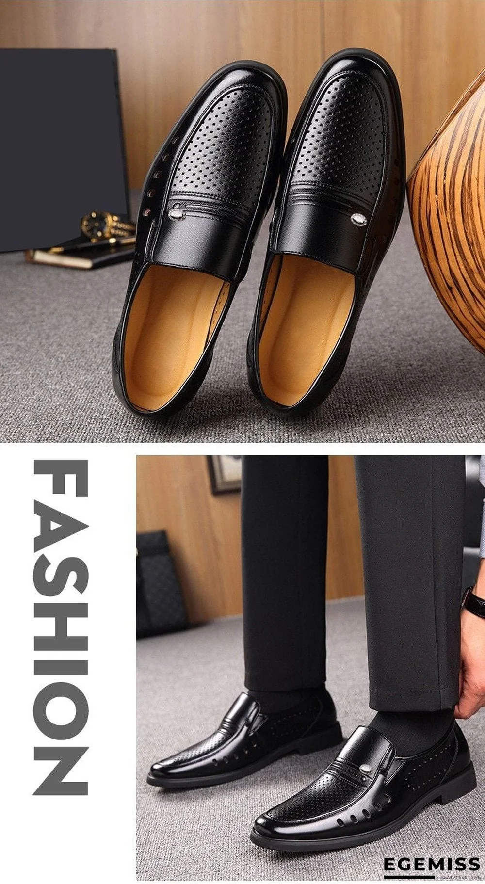 Men's Breathable Slip-On Hollow Leather Classic Business Wedding Shoes Flat Shoes | EGEMISS
