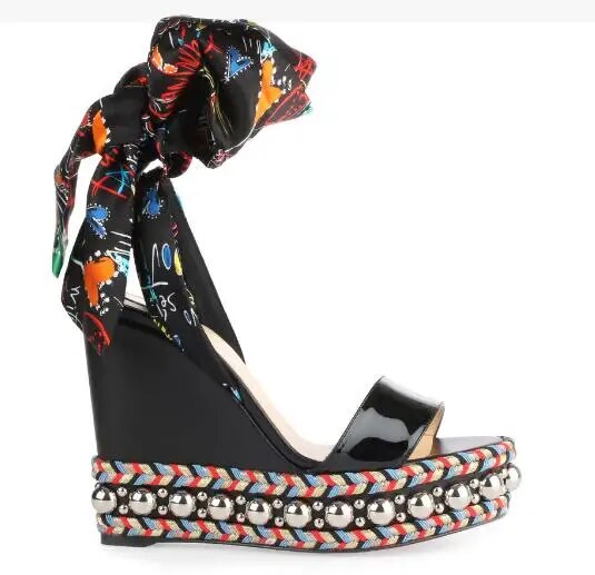 VCSHOES Floral Ribbons Wedge Sandal For Woman Shoes Beads Studs Rope Braided Platform Sole Gladiator Sandal