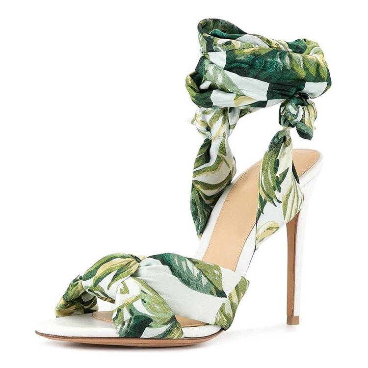 Green Floral Satin Ankle Wrapped Stiletto Heel Sandals |FSJ Shoes