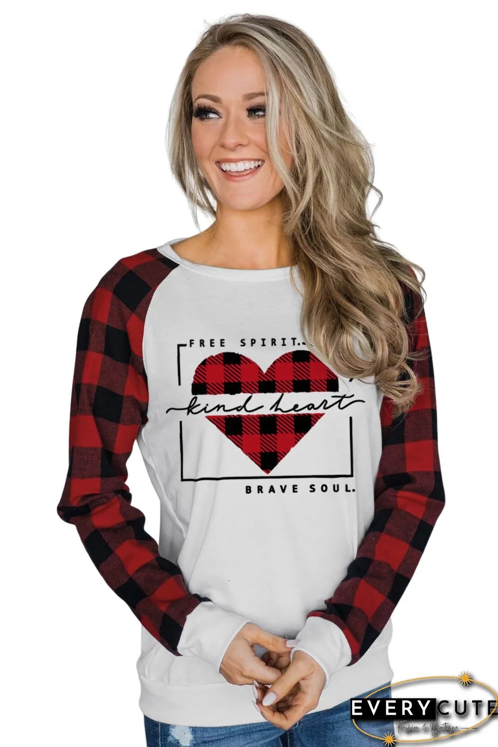 White Plaid Heart Shaped Letter Color Block Long Sleeve Top