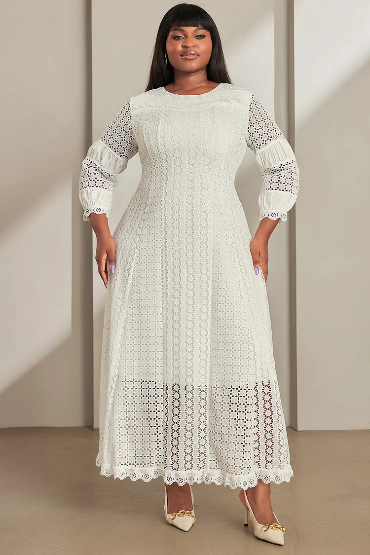 Xpluswear Design Plus Size Semi Formal Maxi Dresses Elegant White Fall Winter Crew Neck Lantern Sleeve 3/4 Sleeve Lace Maxi Dresses [Pre-Order]