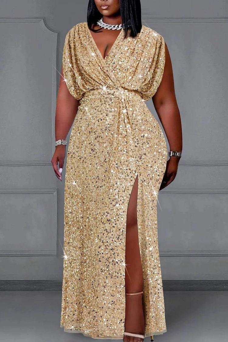 Xpluswear Design Plus Size Formal Gold V Neck Split Sequin Maxi Dresses