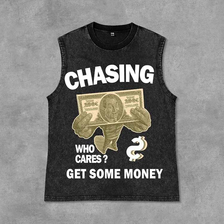 Vintage Chasing Money Graphic Print Acid Washed Sleeveless Tank Top SOPULA