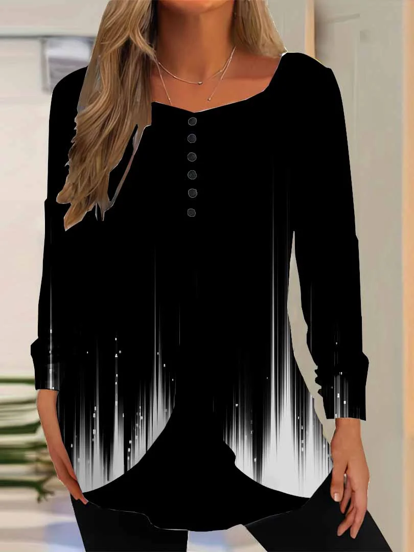 Women Striped,Black DZGG8330 Long Sleeve Scoop Neck Printed Graphic Button Fake 2in1 Tops