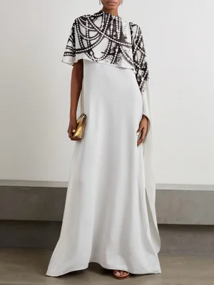 Image of Printed Contrast Color Loose Capelet Mock Neck Maxi Dresses