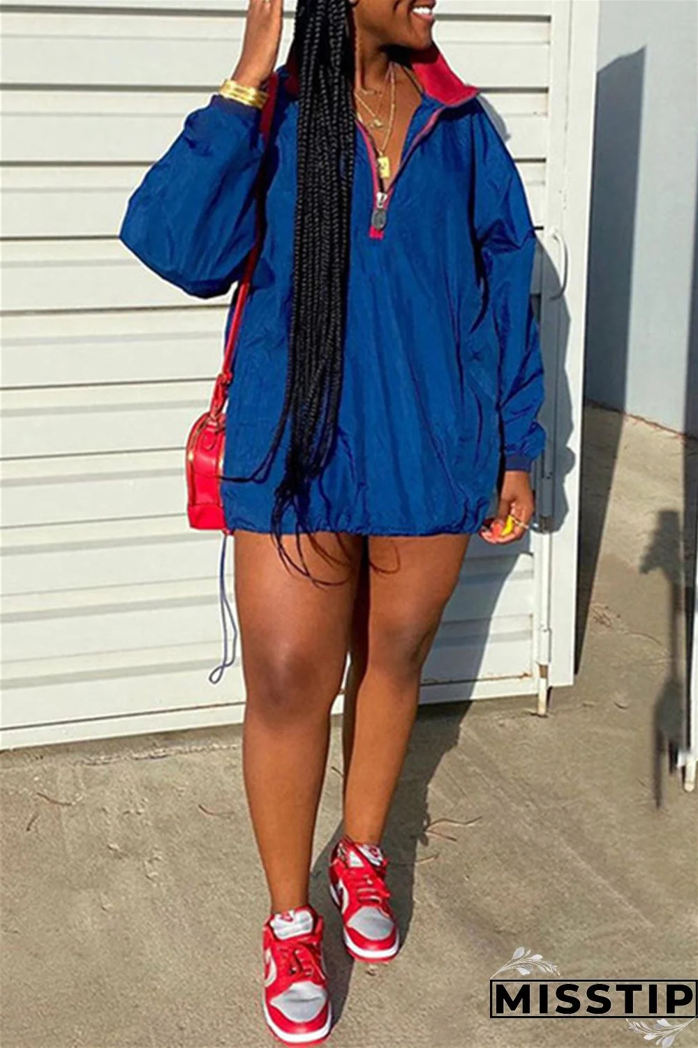 Deep Blue Fashion Casual Solid Patchwork Zipper Collar Long Sleeve Dresses