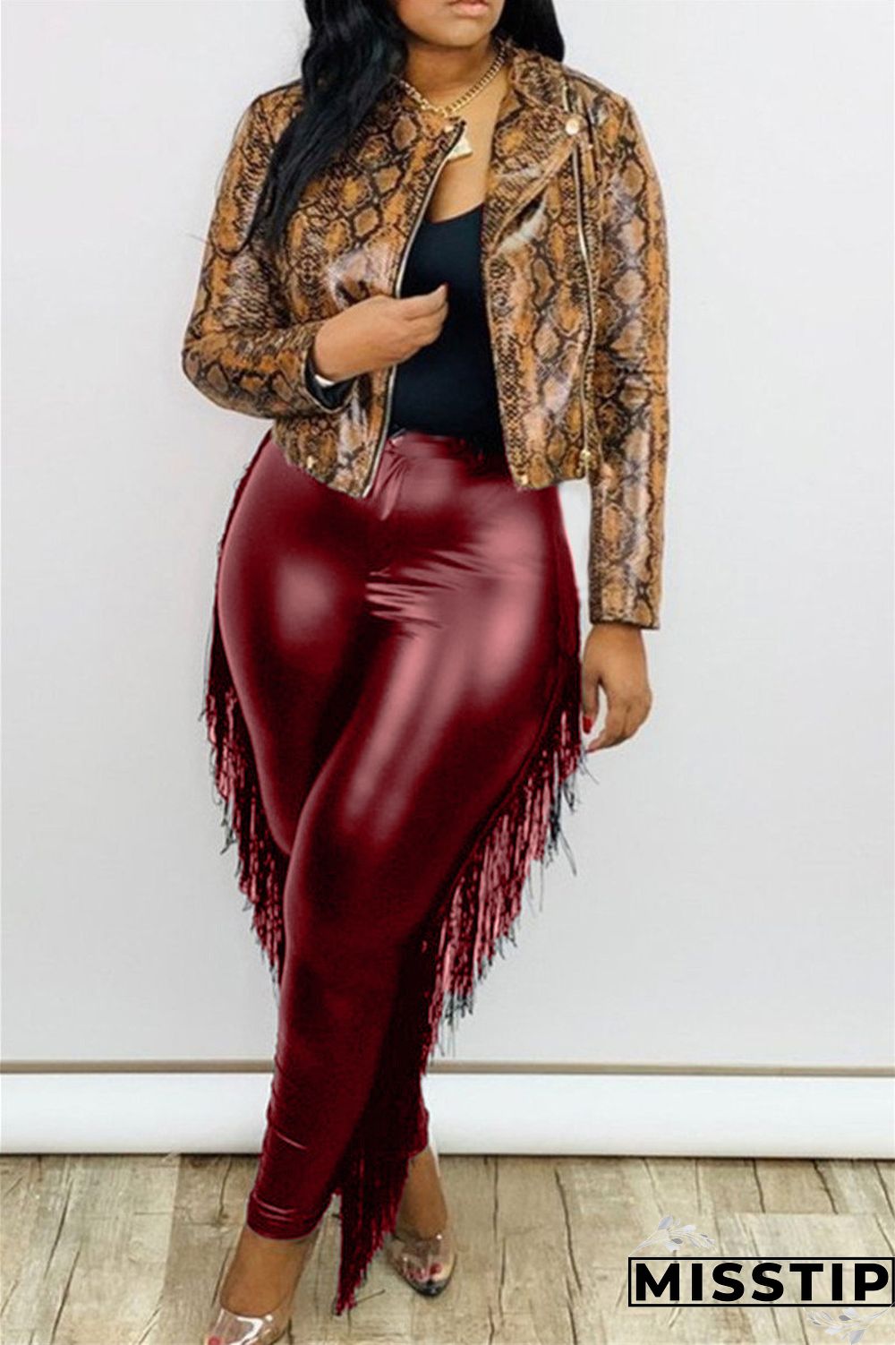 Wine Red PU OL Patchwork Solid tassel Zippered Stitching Zipper Tassel Plus Size