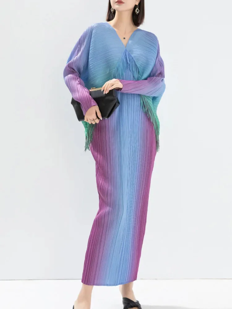 Elegant V-neck Splicing Tassel Contrast Color Gradient Pleated Batwing Sleeve Dress